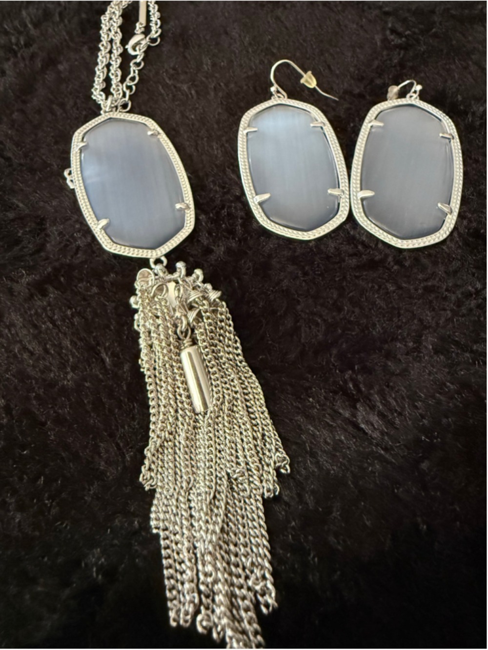Kendra Scott Rayne Necklace 36” Elle Earrings 2” Slate Gray Cat Eye